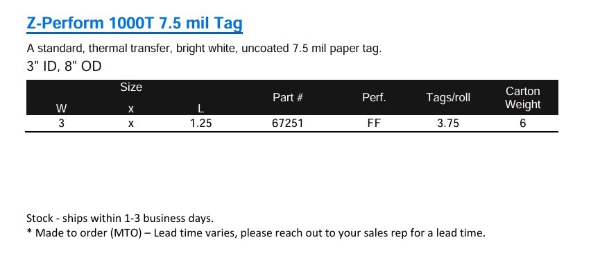 Zebra Z-Perform 1000T 7.5 mil Tag (Industrial)