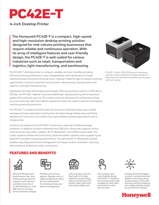 Honeywell PC42E-T Desktop Thermal Transfer Barcode Printer