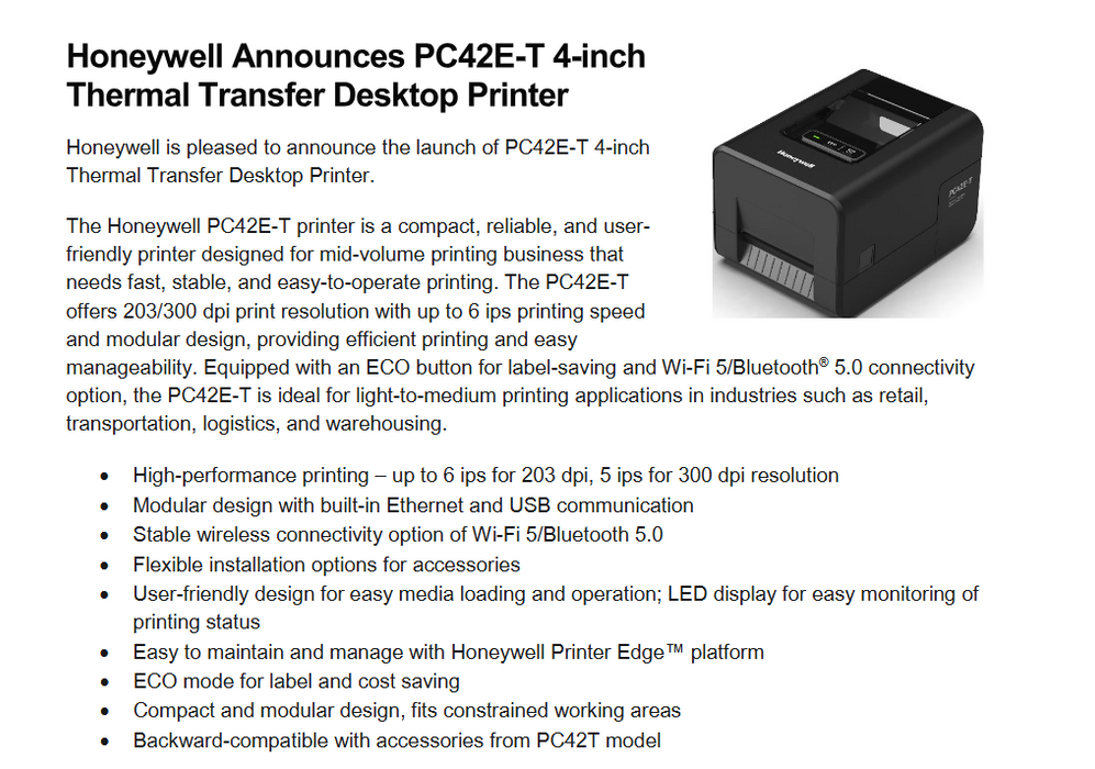 Honeywell PC42E-T Thermal Transfer Printer