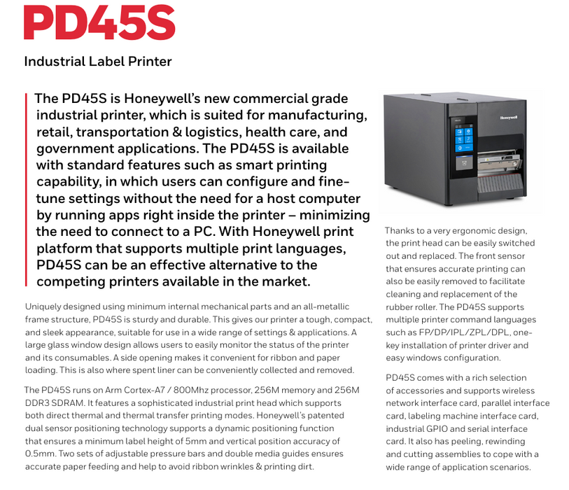 Honeywell PD45S Industrial Label Printer