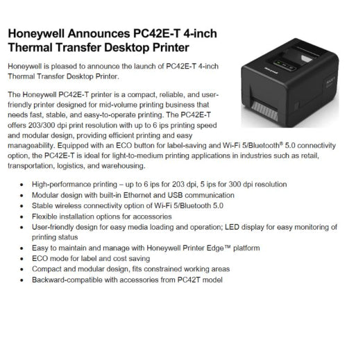 Honeywell Printers PC42E-TB02200 Honeywell PC42E-T Thermal Transfer Printer