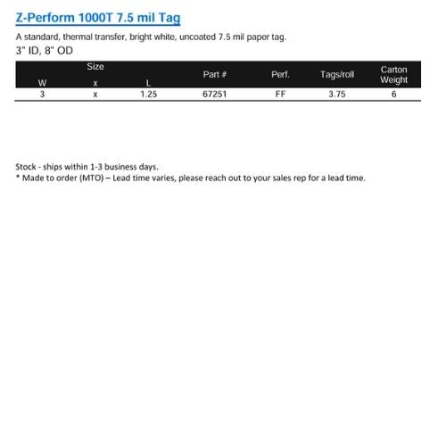 Zebra Technologies LABEL & Tags Zebra Z-Perform 1000T 7.5 mil Tag (Industrial)